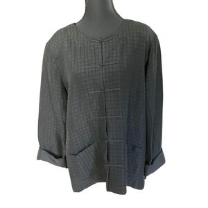 Eileen Fischer Black Quilted Button Up Silk/Linen Jacket Mandarin Collar Sz XL